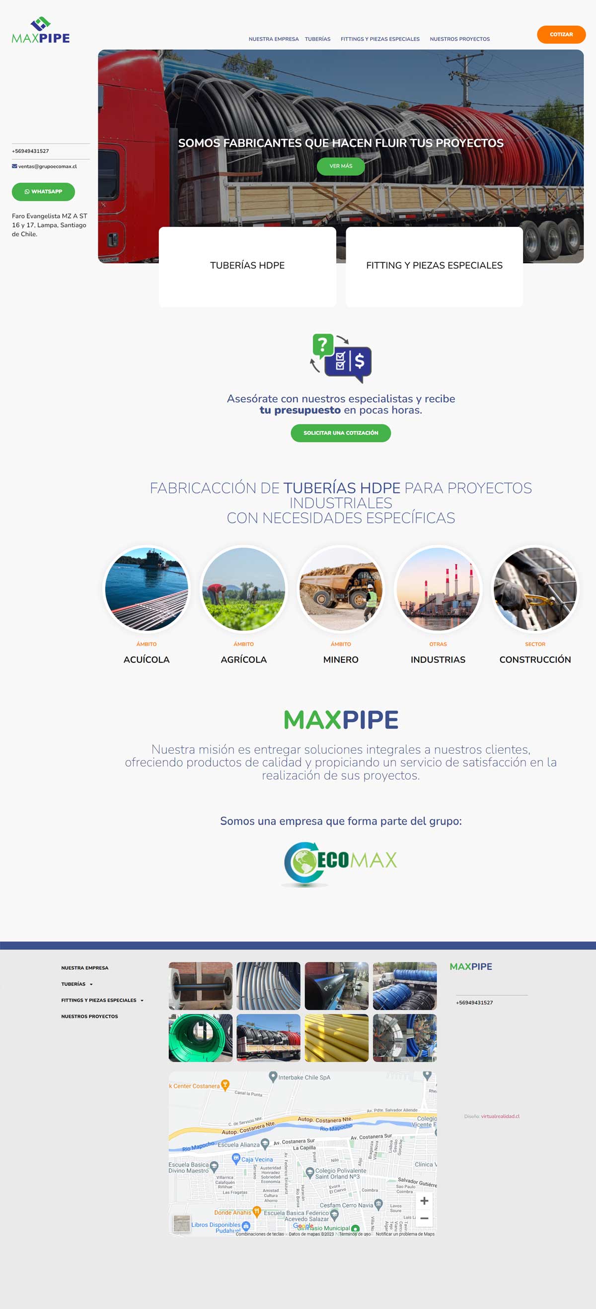 MaxPipe, sitio web para empresa de insumos industriales